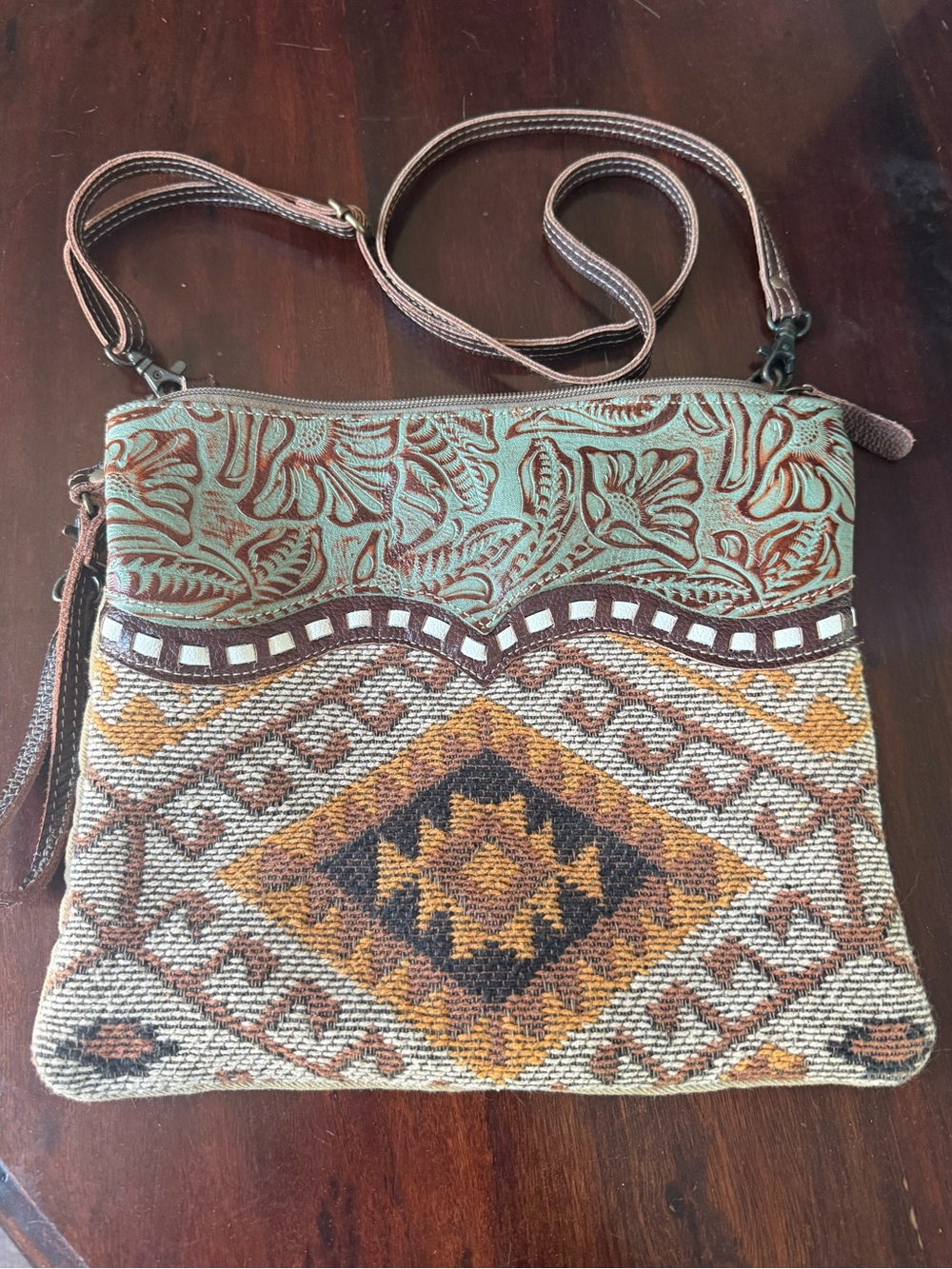 Myra Bag Western Woven Crossbody Bag in Teal & Brown